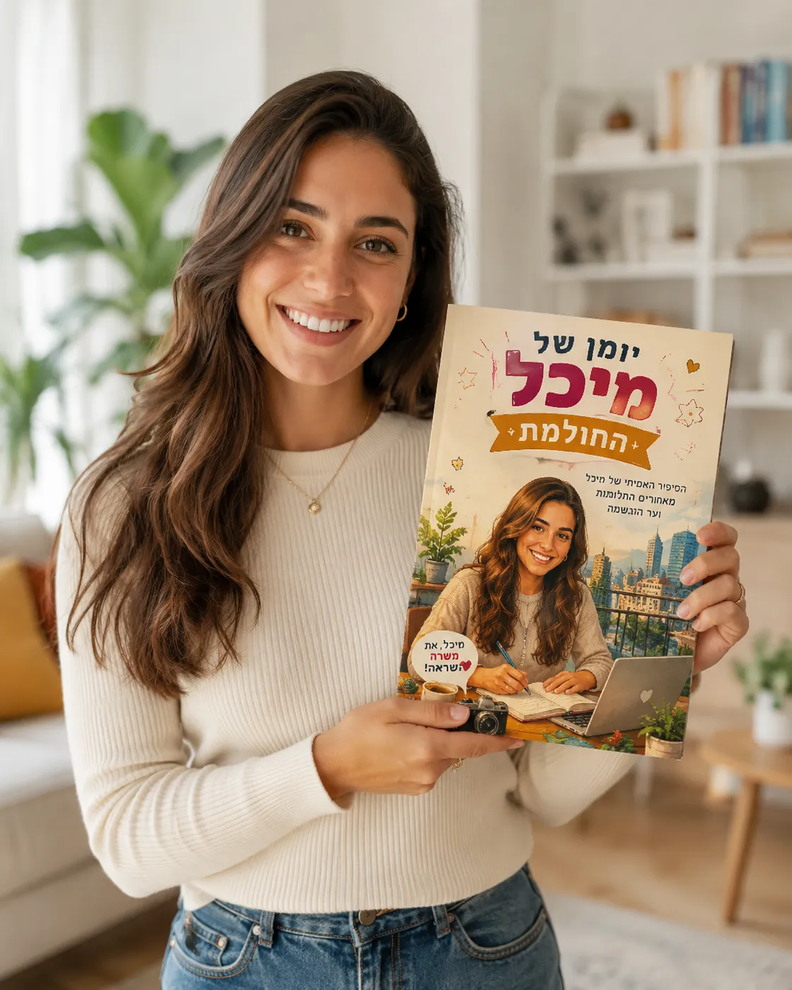 לקוחה מחייכת מחזיקה ספר אישי בשם יומו של מיכל החולמת
