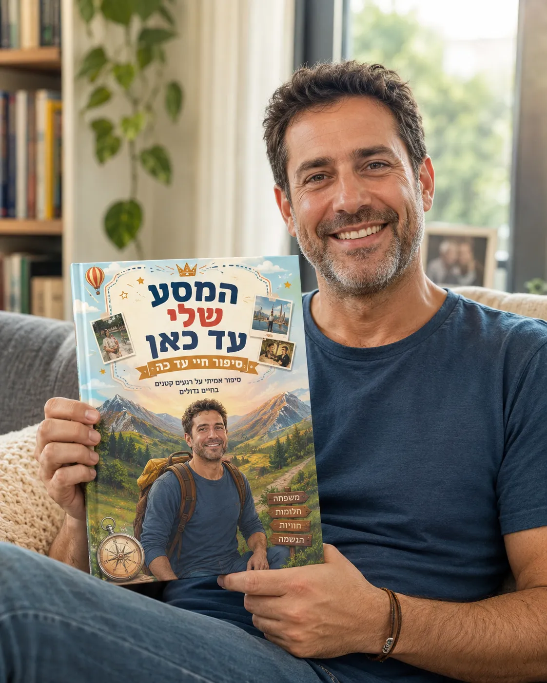 לקוח מחייך מחזיק ספר אישי בשם המסע שלי עד כאן