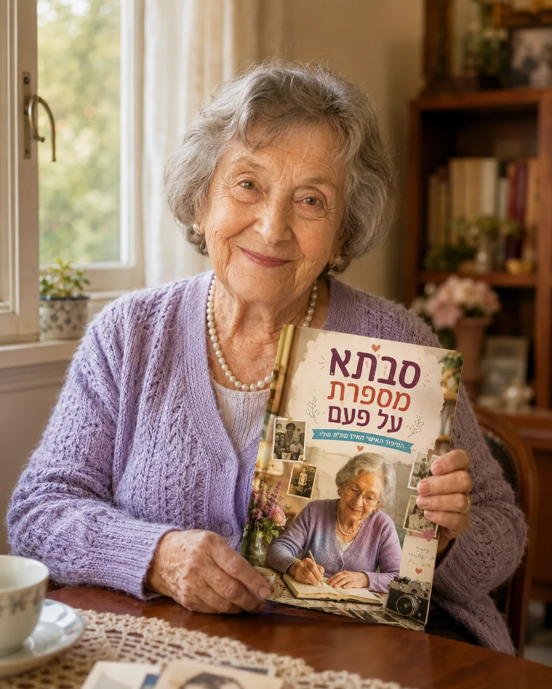 סבתא מחייכת מחזיקה ספר אישי בשם סבתא מספרת על פעם